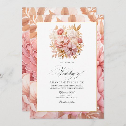 Invitation Mariage floral rose et or (Devant / Derrière)