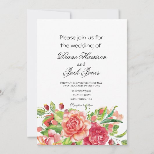 Invitation Mariage floral rose et pêche (Devant)