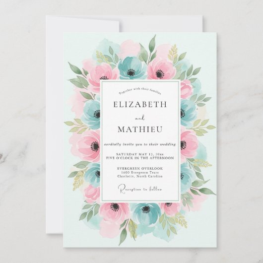 Invitation Mariage Floral Rose et Sarcelle (Devant)