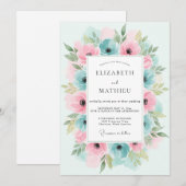 Invitation Mariage Floral Rose et Sarcelle (Devant / Derrière)