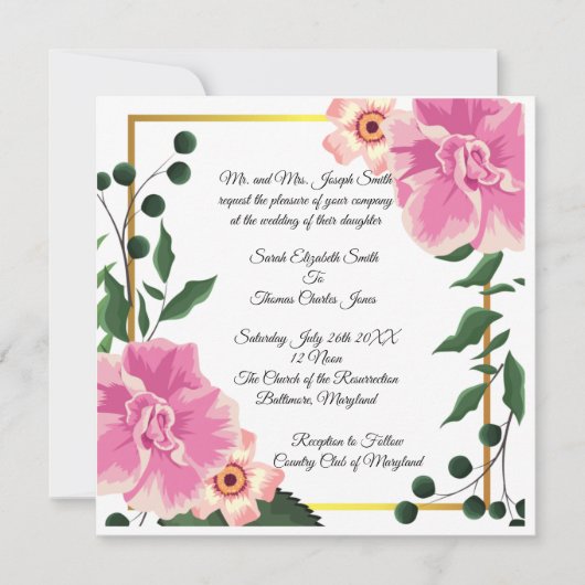 Invitation Mariage floral rose et vert avec libellé formel (Devant)