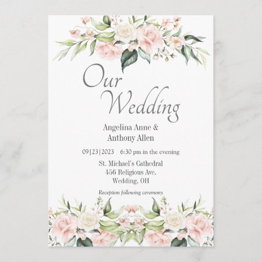 Invitation Mariage floral rose Eucalyptus (Devant)
