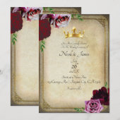 Invitation Mariage Floral Rose Foncé Couronne Royale Dorée Vi (Devant / Derrière)