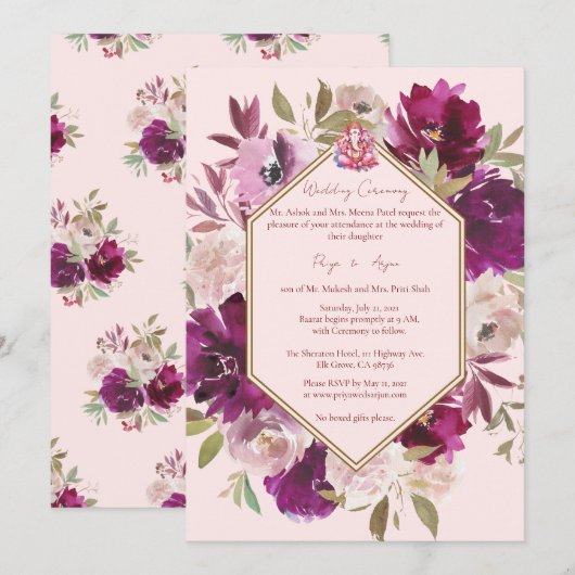 Invitation Mariage floral rose géométrique Hindu Ganesh (Devant / Derrière)