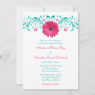 Invitation Mariage floral rose Gerbera Daisy Turquoise