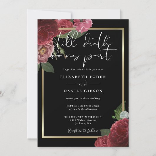 Invitation Mariage Floral Rose Gothique Noir Et Or (Devant)