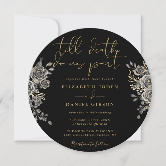 Invitation Mariage Floral Rose Gothique Noir Et Or (Devant)