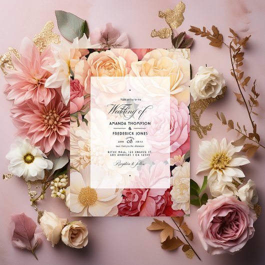 Invitation Mariage floral rose, ivoire et or