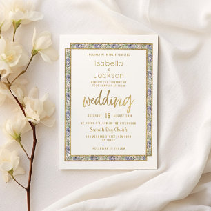 Invitation Mariage floral rose lavande d'or géométrique
