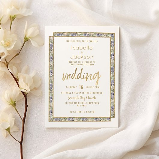 Invitation Mariage floral rose lavande d'or géométrique