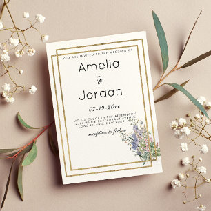 Invitation Mariage floral rose lavande or blanc géométrique