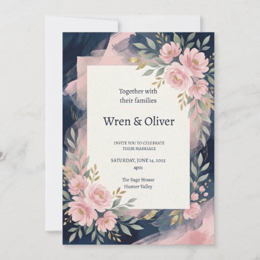 Invitation Mariage floral rose marine (Devant)