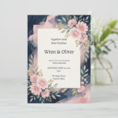 Invitation Mariage floral rose marine (Debout devant)