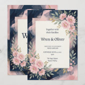 Invitation Mariage floral rose marine (Devant / Derrière)