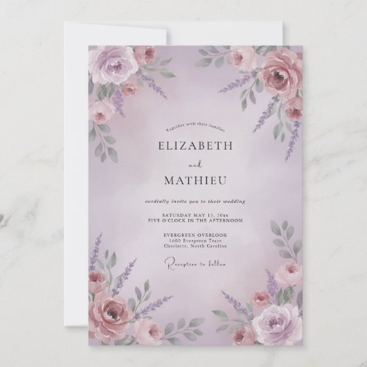Invitation Mariage Floral Rose Mauve (Devant)