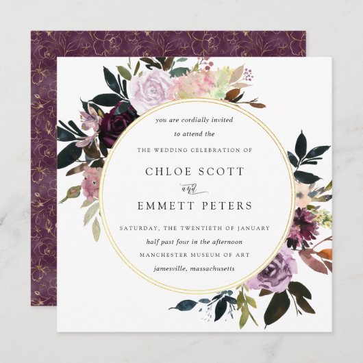 Invitation Mariage floral rose mauve doré (Devant / Derrière)