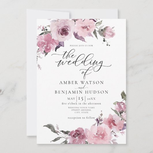 Invitation Mariage floral rose mauve rose Rose poussiéreux (Devant)