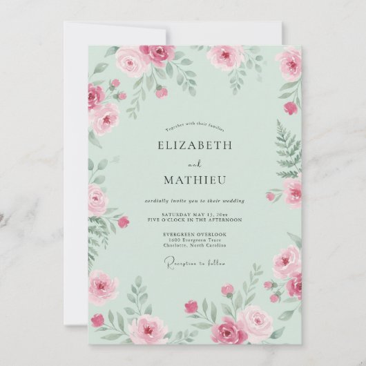 Invitation Mariage Floral Rose Menthe (Devant)