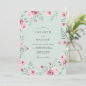 Invitation Mariage Floral Rose Menthe (Debout devant)