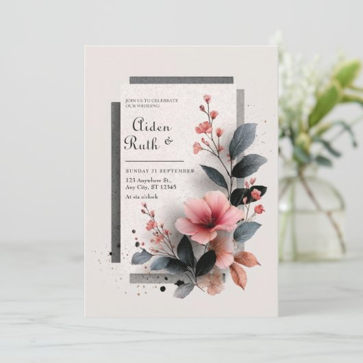 Invitation Mariage floral rose moderne (Debout devant)