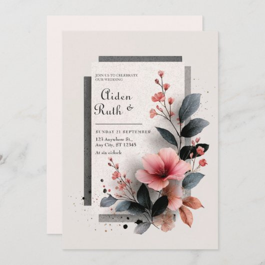 Invitation Mariage floral rose moderne (Devant / Derrière)