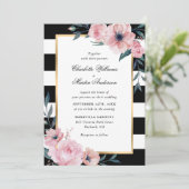 Invitation Mariage Floral Rose Moderne Rayé Noir (Debout devant)