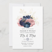 Invitation Mariage floral rose, navy et or (Devant)