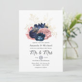 Invitation Mariage floral rose, navy et or (Debout devant)