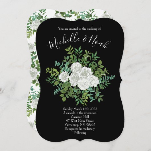 Invitation Mariage floral rose noire et blanche (Devant / Derrière)