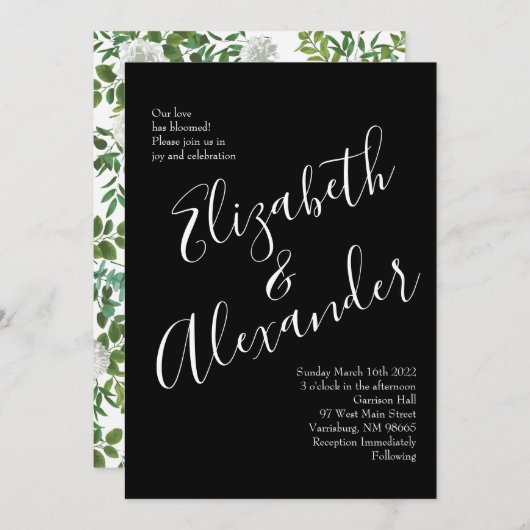 Invitation Mariage floral rose noire et blanche (Devant / Derrière)