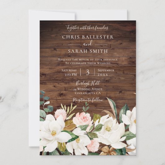 Invitation Mariage floral rose or bleu blanc rustique (Devant)