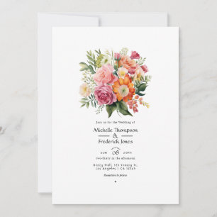 Invitation Mariage Floral Rose, Orange et Vert