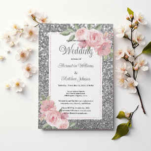Invitation Mariage floral rose pailleté argenté