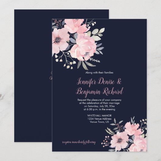Invitation Mariage Floral Rose Pâle | (Devant / Derrière)