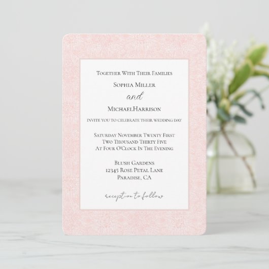 Invitation Mariage Floral Rose Pâle (Debout devant)