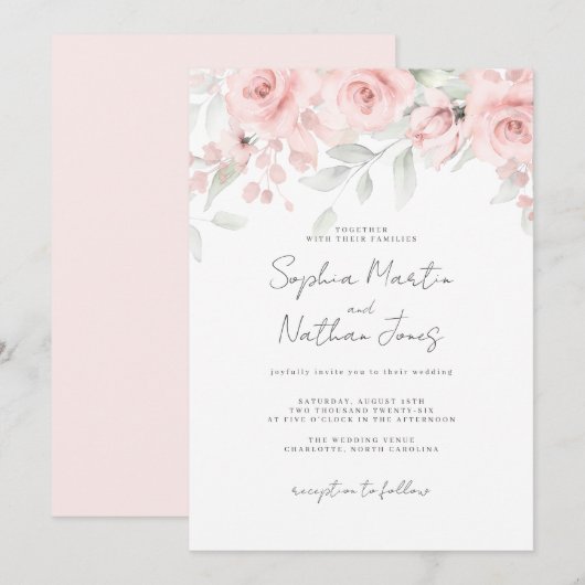 Invitation Mariage floral rose pâle (Devant / Derrière)