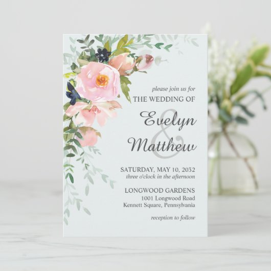 Invitation Mariage floral rose pâle (Debout devant)