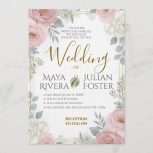 Invitation Mariage Floral Rose Pâle Bleu Poussiéreux Écriture