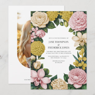 Invitation Mariage Floral Rose Pâle, Champagne & Or