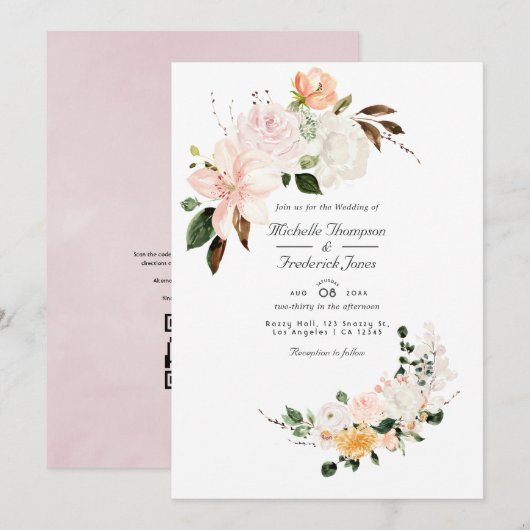 Invitation Mariage Floral Rose Pâle Code QR RSVP Pastel (Devant / Derrière)