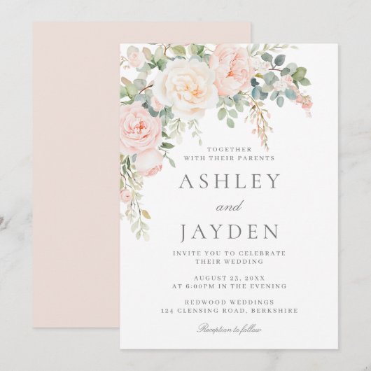 Invitation Mariage floral rose pâle et vert gras (Devant / Derrière)