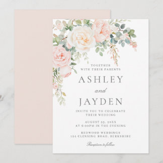 Invitation Mariage floral rose pâle et vert gras