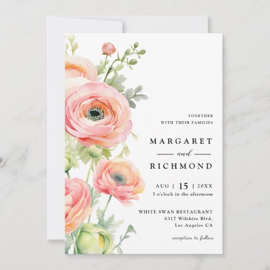 Invitation Mariage floral rose pâle et vert gras Ranunculus (Devant)