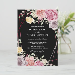 Invitation Mariage Floral Rose Pâle Géométrique Or Élégant