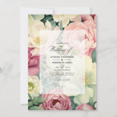 Invitation Mariage floral rose pâle, ivoire et vert gras (Devant)