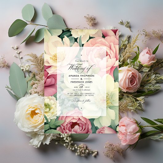 Invitation Mariage floral rose pâle, ivoire et vert gras