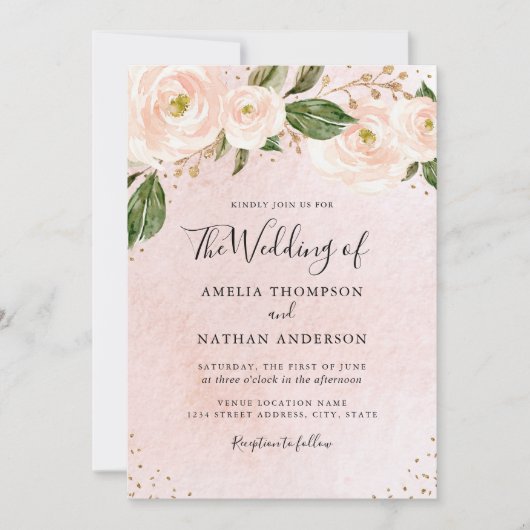 Invitation Mariage Floral Rose Pâle Or (Devant)