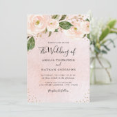 Invitation Mariage Floral Rose Pâle Or (Debout devant)