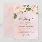 Invitation Mariage Floral Rose Pâle Or (Devant / Derrière)