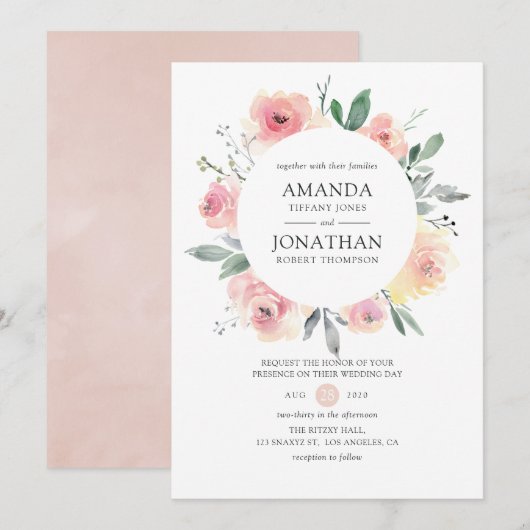 Invitation Mariage Floral Rose Pâle Pastel (Devant / Derrière)